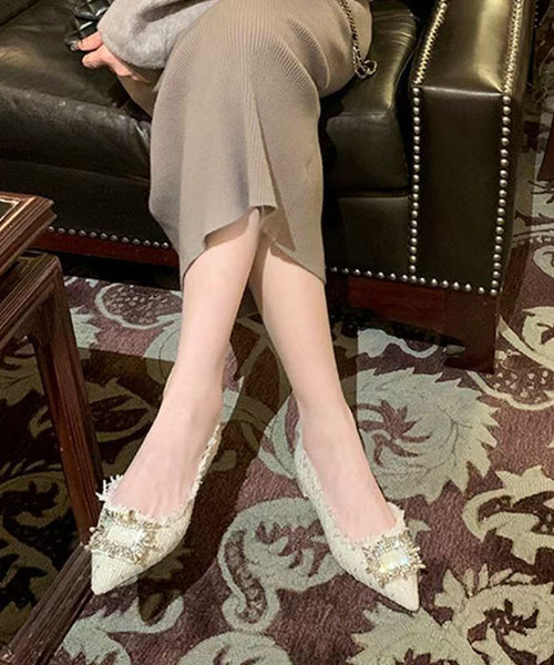 French Beige Shoes Feet Zircon Pointed Toe Splicing Flat FashionChic