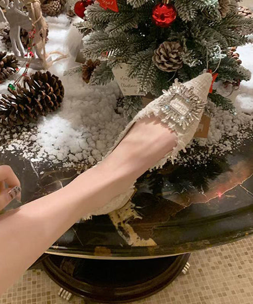 French Beige Shoes Feet Zircon Pointed Toe Splicing Flat FashionChic