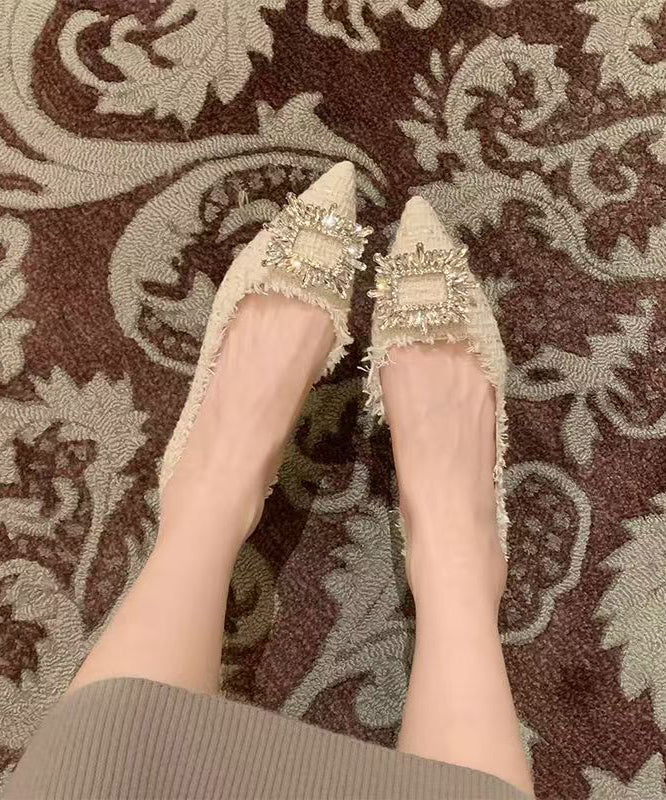 French Beige Shoes Feet Zircon Pointed Toe Splicing Flat FashionChic
