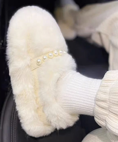 Beige Fuzzy Fur Platform Penny Loafers Fashion Splicing Nail Bead TQ053 ABC