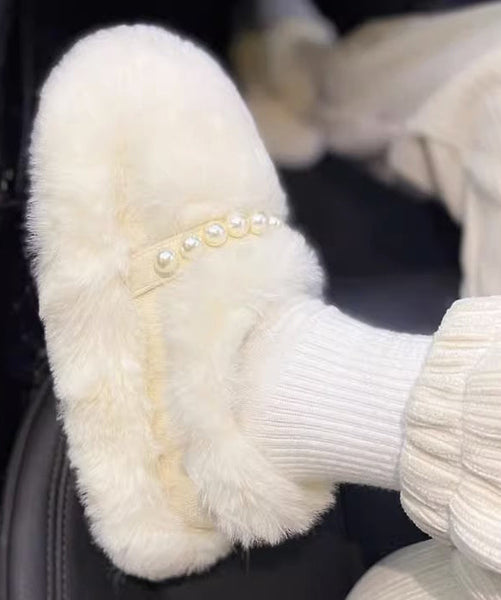 Beige Fuzzy Fur Platform Penny Loafers Fashion Splicing Nail Bead TQ053 ABC