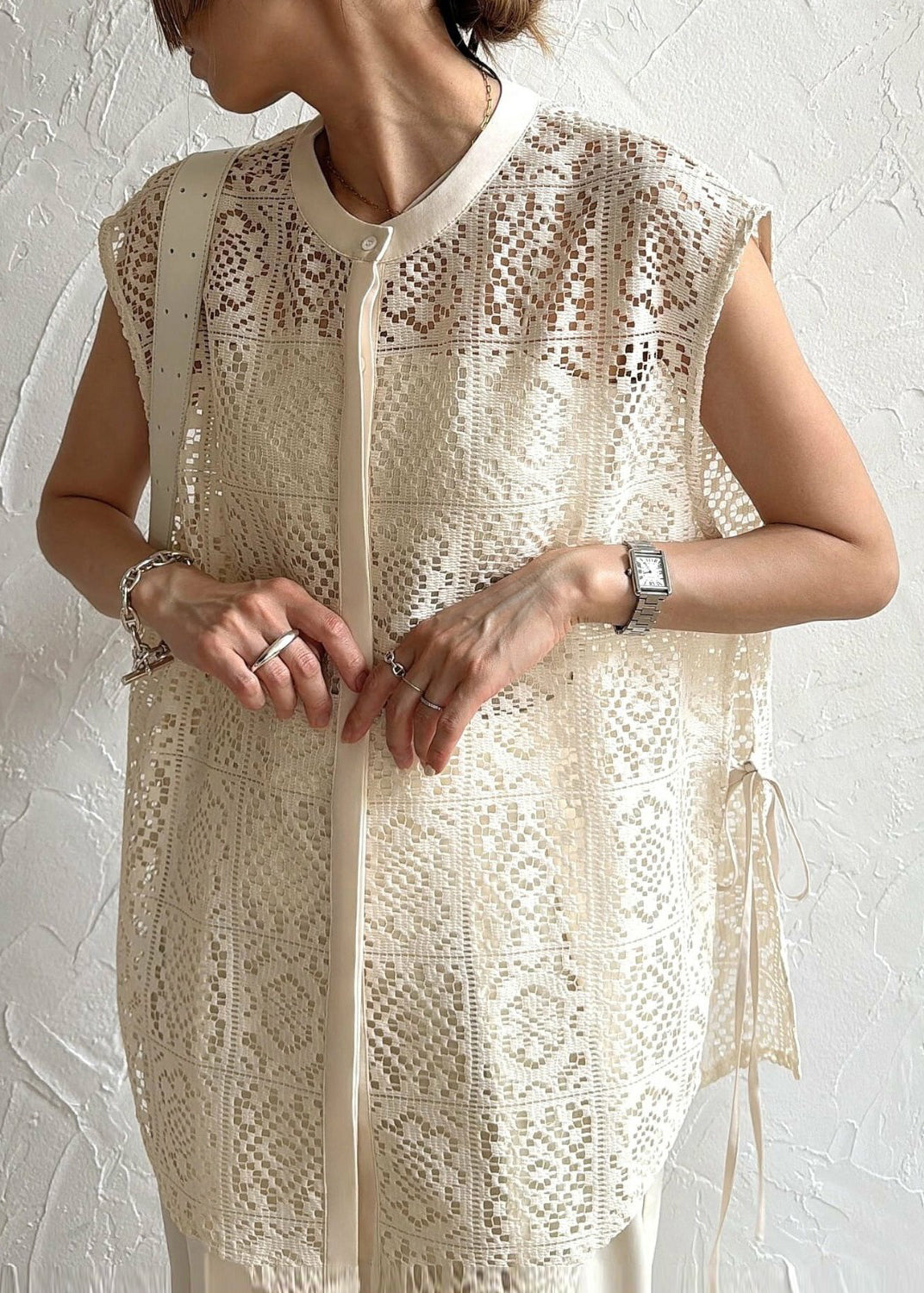 Sleeveless Vests Hollow Up Oversized Lace Out Beige FashionChic