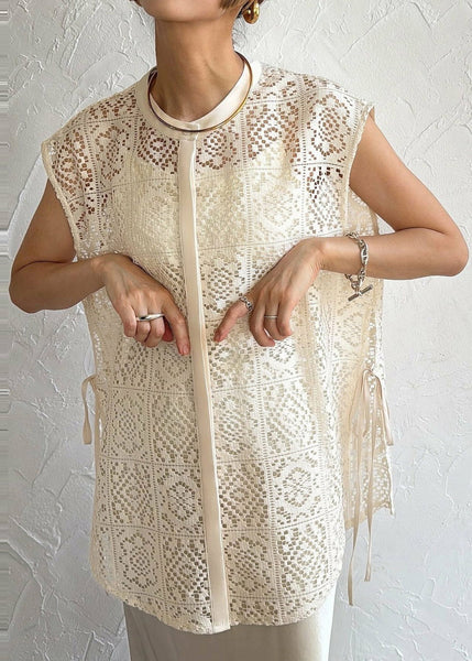 Sleeveless Vests Hollow Up Oversized Lace Out Beige FashionChic