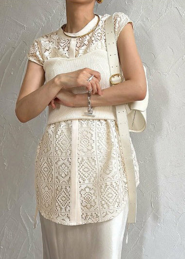 Sleeveless Vests Hollow Up Oversized Lace Out Beige FashionChic
