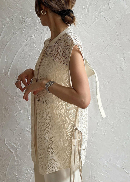 Sleeveless Vests Hollow Up Oversized Lace Out Beige FashionChic