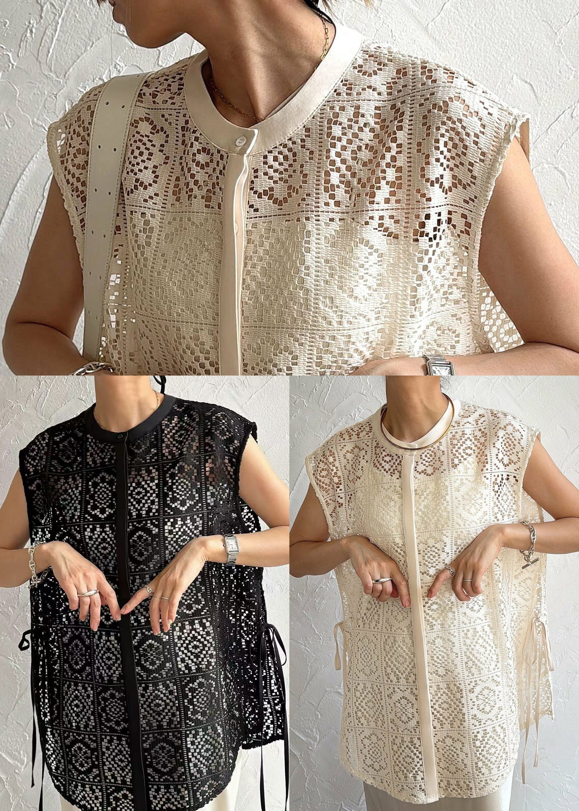 Sleeveless Vests Hollow Up Oversized Lace Out Beige FashionChic