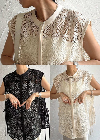 Sleeveless Vests Hollow Up Oversized Lace Out Beige FashionChic