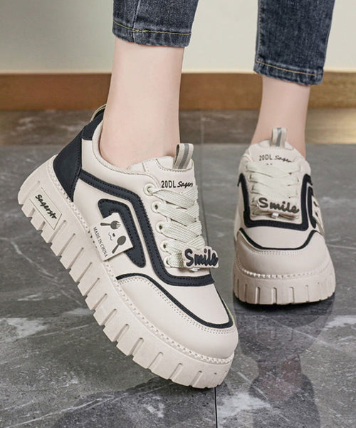 Flat Platform Khaki Feet Splicing Up Beige Shoes Lace FashionChic