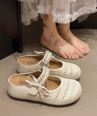 Platform Sandals Beige Slide Nail Bead Splicing Knit Breathable FashionChic