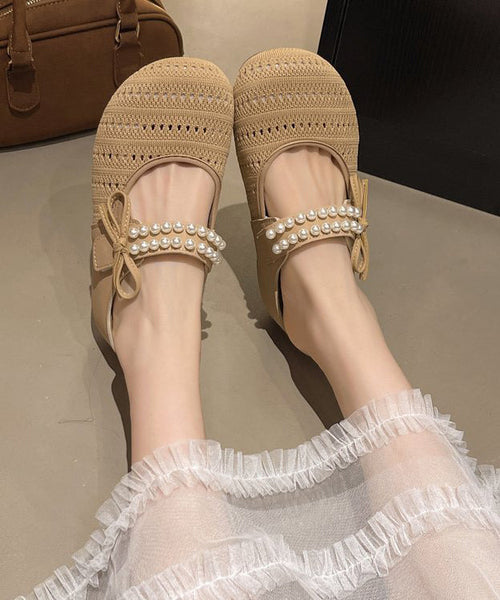 Platform Sandals Beige Slide Nail Bead Splicing Knit Breathable FashionChic