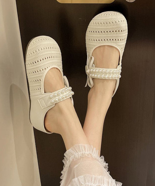 Platform Sandals Beige Slide Nail Bead Splicing Knit Breathable FashionChic
