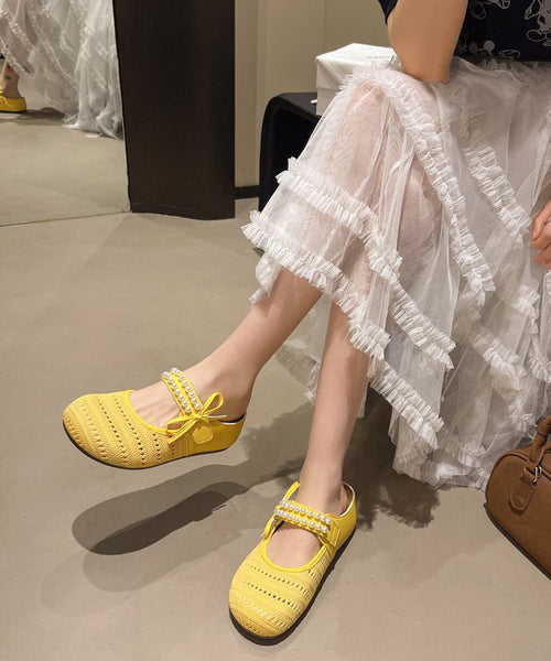 Platform Sandals Beige Slide Nail Bead Splicing Knit Breathable FashionChic