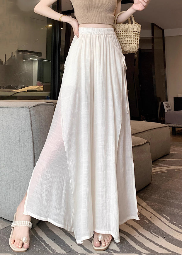 Beige Lace Up Linen Wide Leg Pants Elastic Waist Fall WQ046 OL-LPTS241031