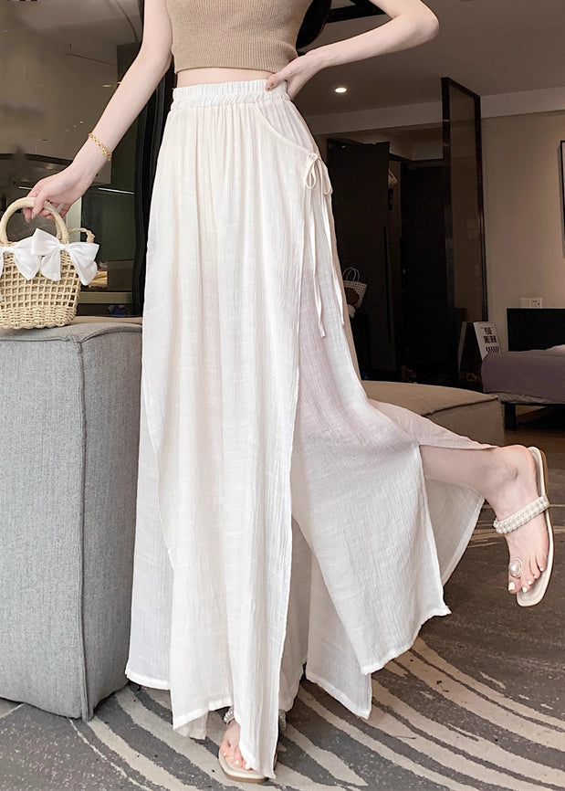Beige Lace Up Linen Wide Leg Pants Elastic Waist Fall WQ046 OL-LPTS241031