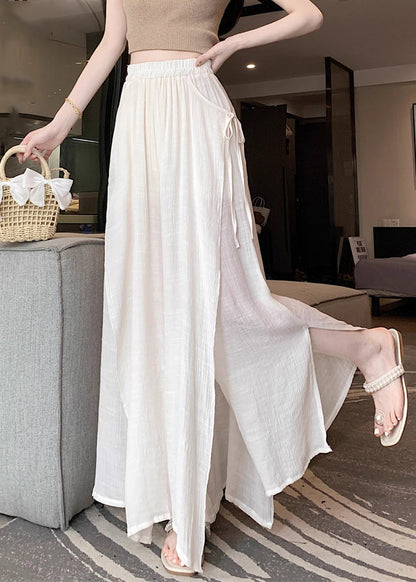Beige Lace Up Linen Wide Leg Pants Elastic Waist Fall WQ046 OL-LPTS241031