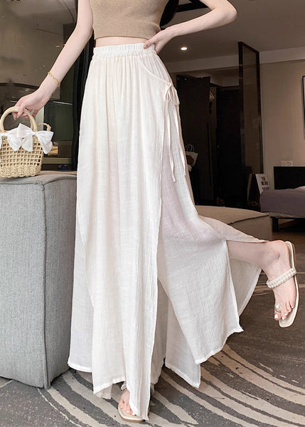 Beige Lace Up Linen Wide Leg Pants Elastic Waist Fall WQ046 OL-LPTS241031