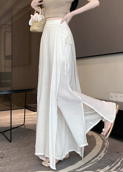 Beige Lace Up Linen Wide Leg Pants Elastic Waist Fall WQ046 OL-LPTS241031