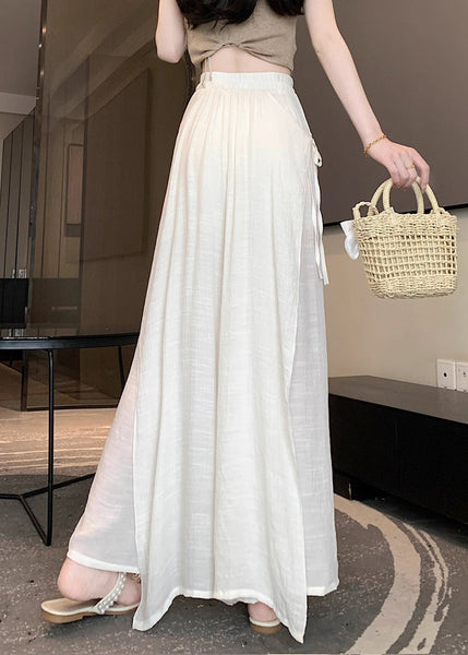 Beige Lace Up Linen Wide Leg Pants Elastic Waist Fall WQ046 OL-LPTS241031