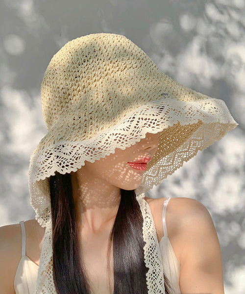 Woven Lace Beige Hat Sun Women Summer Brimmed Straw Large FashionChic