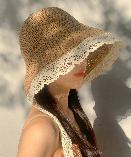 Woven Lace Beige Hat Sun Women Summer Brimmed Straw Large FashionChic