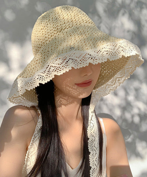 Woven Lace Beige Hat Sun Women Summer Brimmed Straw Large FashionChic