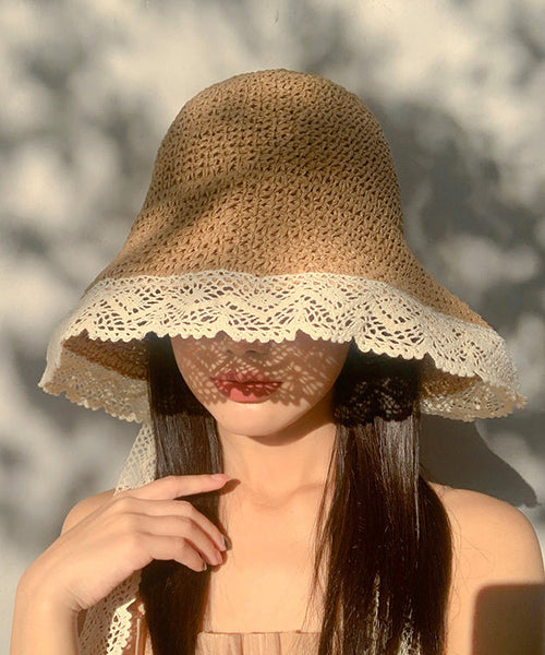 Woven Lace Beige Hat Sun Women Summer Brimmed Straw Large FashionChic