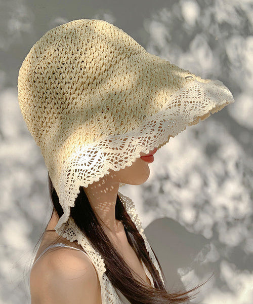 Woven Lace Beige Hat Sun Women Summer Brimmed Straw Large FashionChic