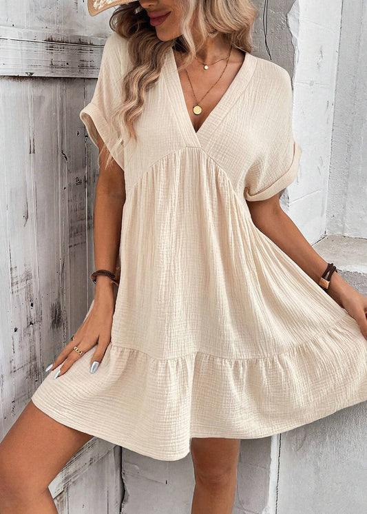 Cotton Neck Vacation Patchwork Beige Summer Dress V FashionChic