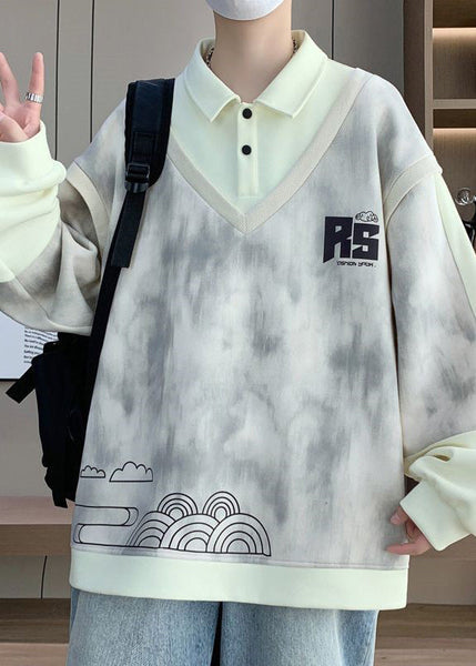 Peter Cotton Pieces Patchwork Sweatshirt Mens Two Beige False Pan FashionChic