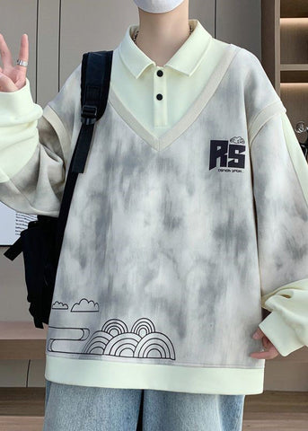 Peter Cotton Pieces Patchwork Sweatshirt Mens Two Beige False Pan FashionChic