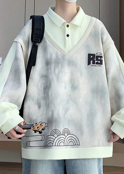 Peter Cotton Pieces Patchwork Sweatshirt Mens Two Beige False Pan FashionChic