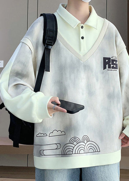 Peter Cotton Pieces Patchwork Sweatshirt Mens Two Beige False Pan FashionChic