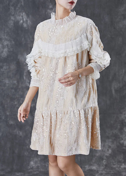 Beige Patchwork Ruffles Velour Mini Dresses Sequins Spring Ada Fashion