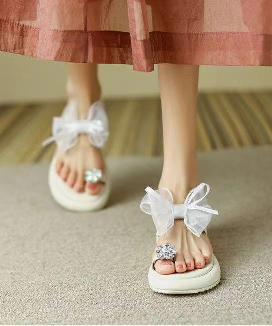 Beige Platform Slide Sandals Boutique Splicing Bow Zircon AA017 shoe-CS240815