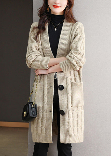 Beige Pockets Cable Wool Knit Fall Cardigans V Neck QS014 OM-BB241010