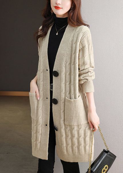Beige Pockets Cable Wool Knit Fall Cardigans V Neck QS014 OM-BB241010