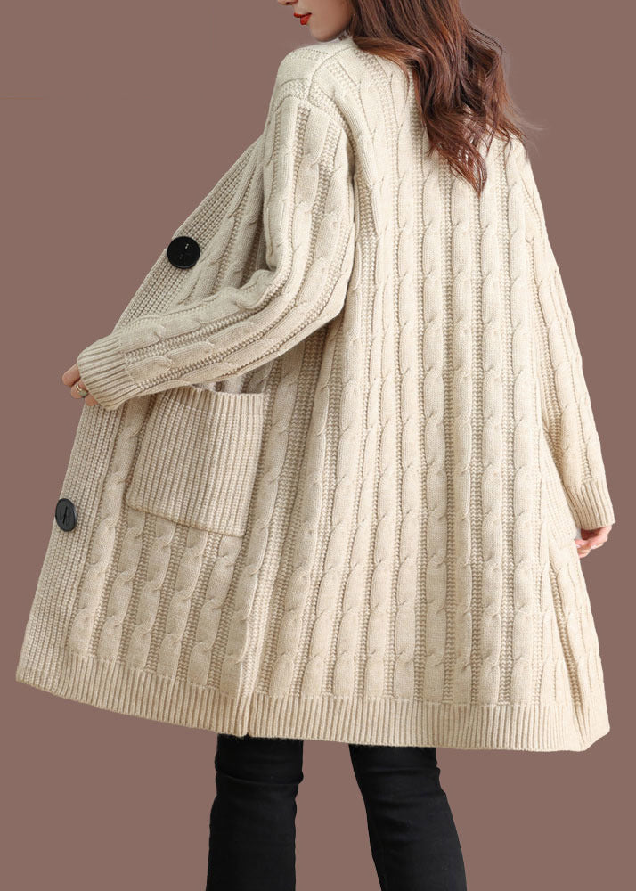 Beige Pockets Cable Wool Knit Fall Cardigans V Neck QS014 OM-BB241010