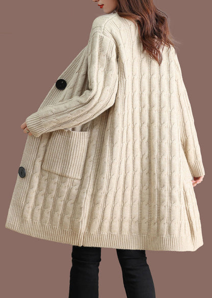 Beige Pockets Cable Wool Knit Fall Cardigans V Neck QS014 OM-BB241010