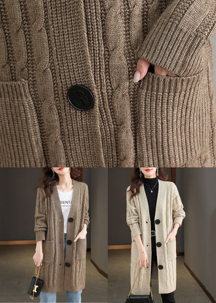 Beige Pockets Cable Wool Knit Fall Cardigans V Neck QS014 OM-BB241010