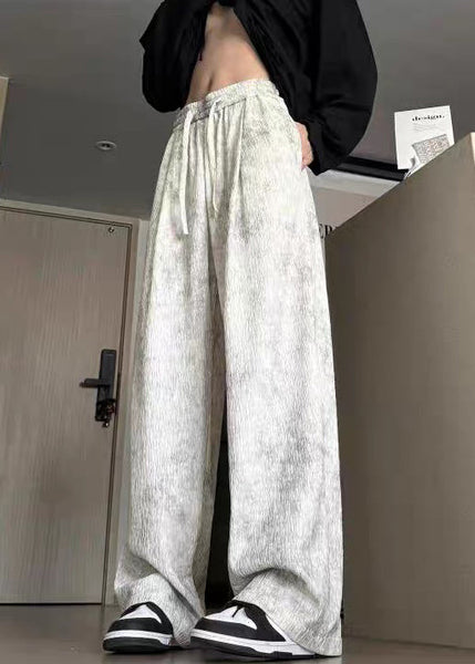 Cotton Wide Leg Tie Up Men Pockets Pants Lace Beige Dye FashionChic