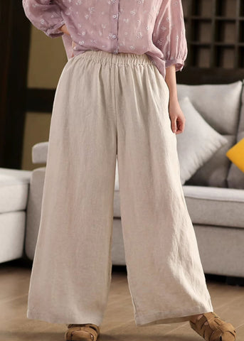 Pants Elastic Pockets Linen Loose Leg Waist Beige Summer Wide FashionChic