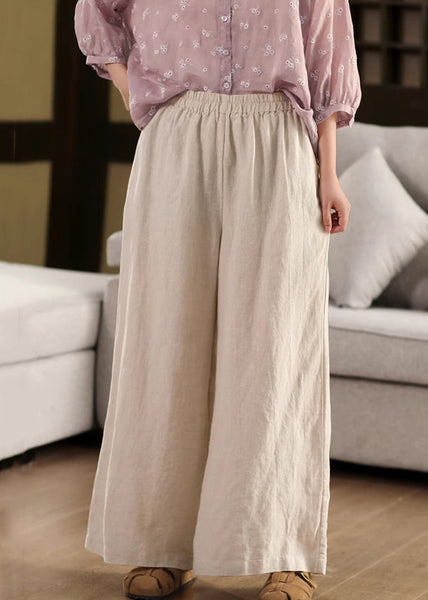 Pants Elastic Pockets Linen Loose Leg Waist Beige Summer Wide FashionChic