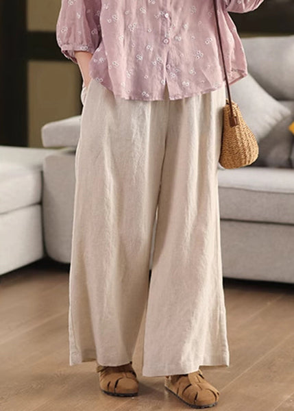 Pants Elastic Pockets Linen Loose Leg Waist Beige Summer Wide FashionChic