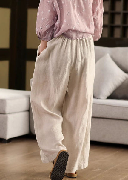 Pants Elastic Pockets Linen Loose Leg Waist Beige Summer Wide FashionChic