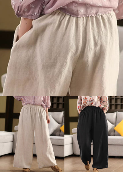 Pants Elastic Pockets Linen Loose Leg Waist Beige Summer Wide FashionChic