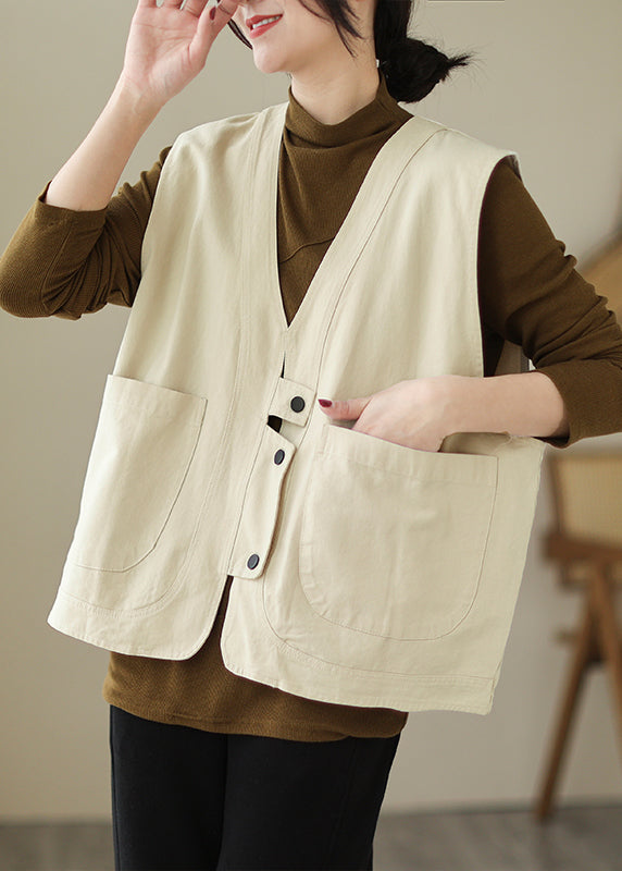 Beige Pockets Patchwork Cotton Vest V Neck Sleeveless TI026