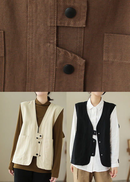 Beige Pockets Patchwork Cotton Vest V Neck Sleeveless TI026
