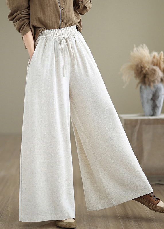 Beige Pockets Simple Cotton Wide Leg Pants Drawstring Fall QO045 OM-ZS241008