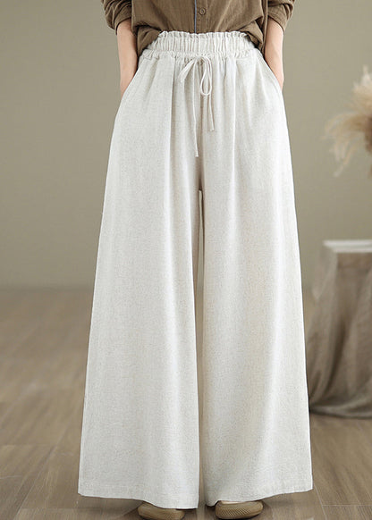 Beige Pockets Simple Cotton Wide Leg Pants Drawstring Fall QO045 OM-ZS241008