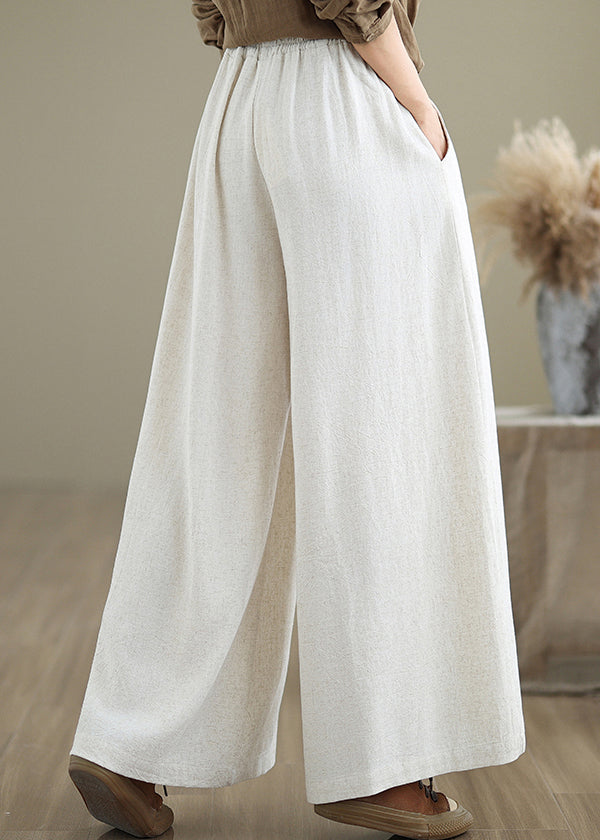 Beige Pockets Simple Cotton Wide Leg Pants Drawstring Fall QO045 OM-ZS241008